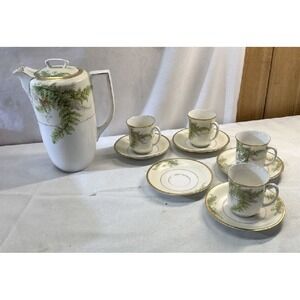 Vintage Bavarian Porcelain Demitasse Coffee Set Fern Pattern Gold Trim Germany